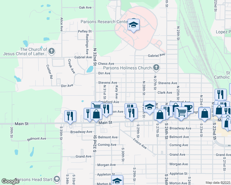 map of restaurants, bars, coffee shops, grocery stores, and more near 400 Katy Avenue in Parsons