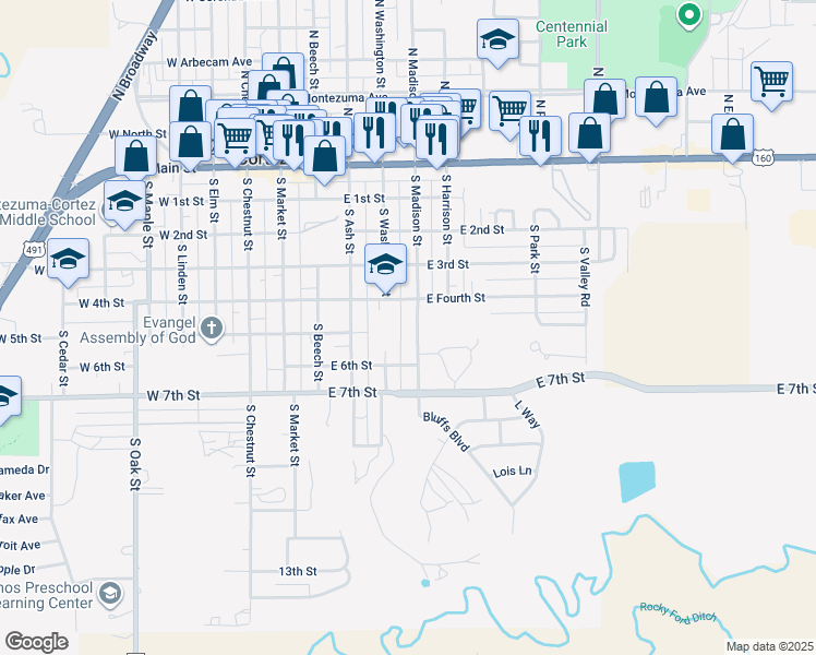 map of restaurants, bars, coffee shops, grocery stores, and more near 300 East Fourth Street in Cortez