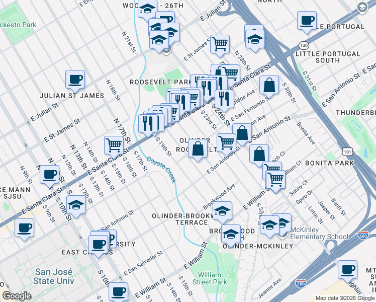 map of restaurants, bars, coffee shops, grocery stores, and more near in San Jose