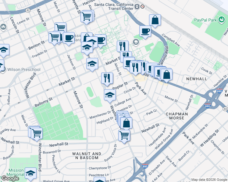 map of restaurants, bars, coffee shops, grocery stores, and more near 885 Poplar Street in Santa Clara