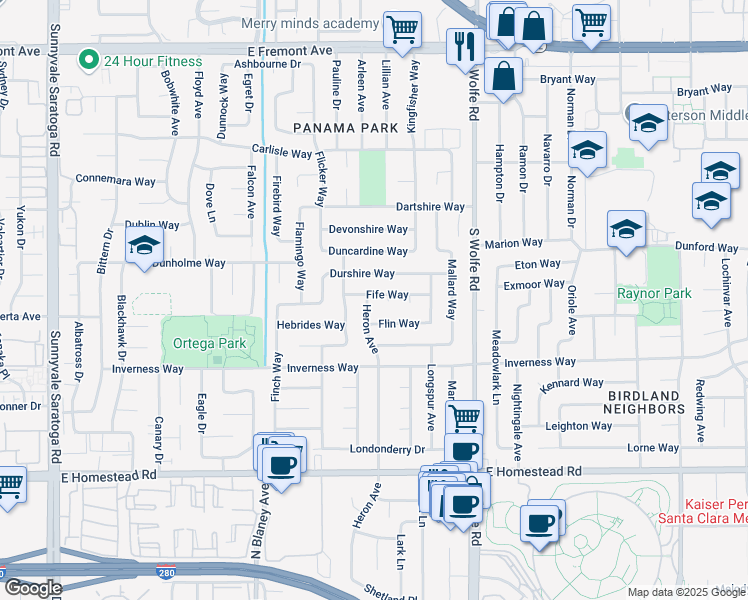 map of restaurants, bars, coffee shops, grocery stores, and more near 797 Fife Way in Sunnyvale