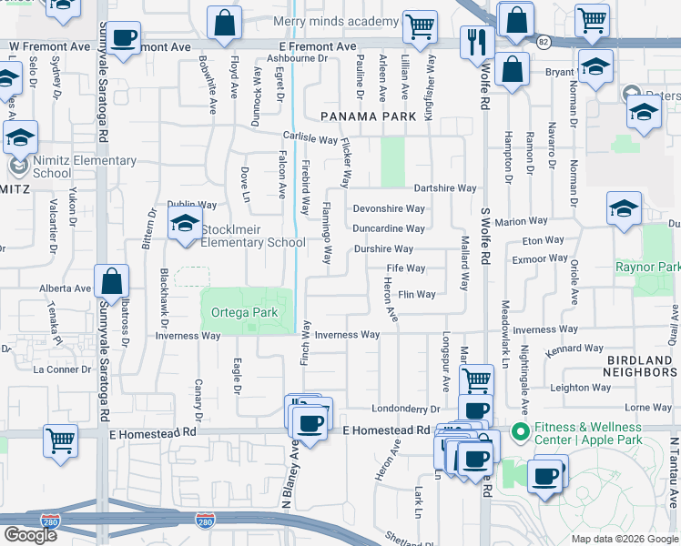 map of restaurants, bars, coffee shops, grocery stores, and more near 742 Durshire Way in Sunnyvale