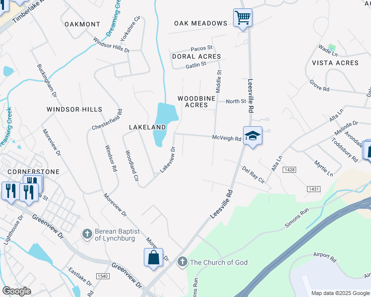 map of restaurants, bars, coffee shops, grocery stores, and more near 1028 Lakeview Drive in Lynchburg