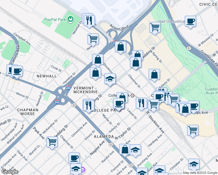 map of restaurants, bars, coffee shops, grocery stores, and more near 797 West Hedding Street in San Jose