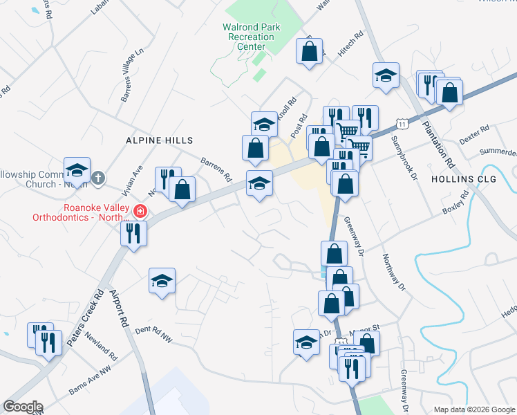 map of restaurants, bars, coffee shops, grocery stores, and more near 6533 Peters Creek Road Northwest in Roanoke