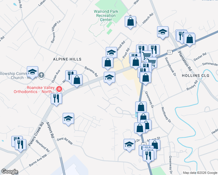 map of restaurants, bars, coffee shops, grocery stores, and more near 6533 Peters Creek Road Northwest in Roanoke