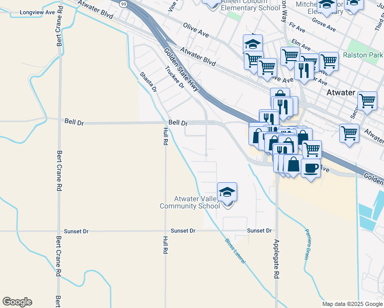 map of restaurants, bars, coffee shops, grocery stores, and more near 2108 George Washington Court in Atwater
