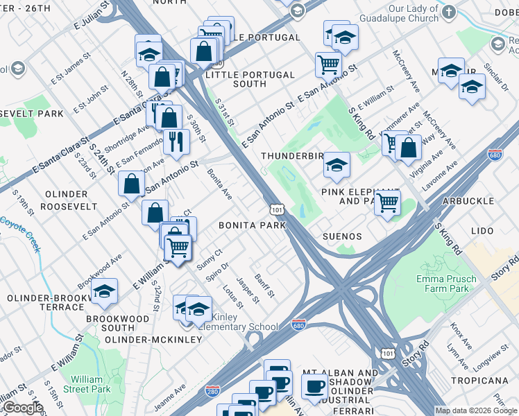 map of restaurants, bars, coffee shops, grocery stores, and more near 413 Mirador Terrace in San Jose