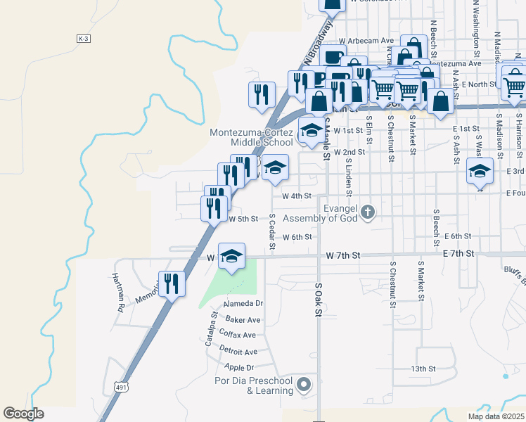 map of restaurants, bars, coffee shops, grocery stores, and more near 417 South Cedar Street in Cortez