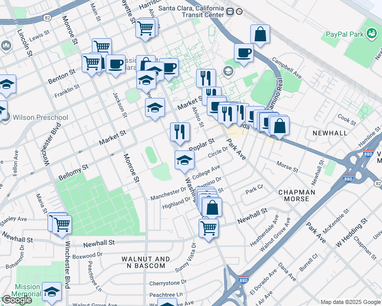 map of restaurants, bars, coffee shops, grocery stores, and more near 885 Poplar Street in Santa Clara