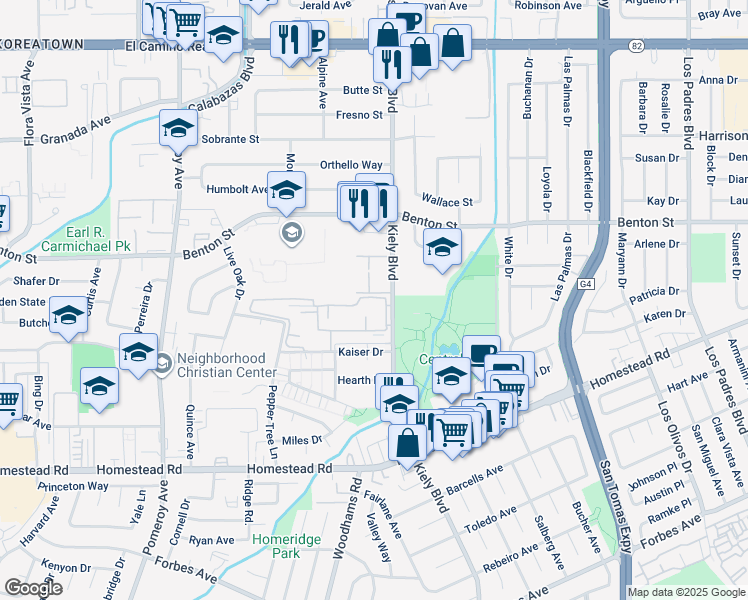 map of restaurants, bars, coffee shops, grocery stores, and more near 986 Kiely Boulevard in Santa Clara