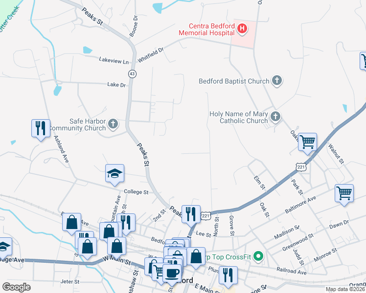 map of restaurants, bars, coffee shops, grocery stores, and more near 726 Sunset Drive in Bedford