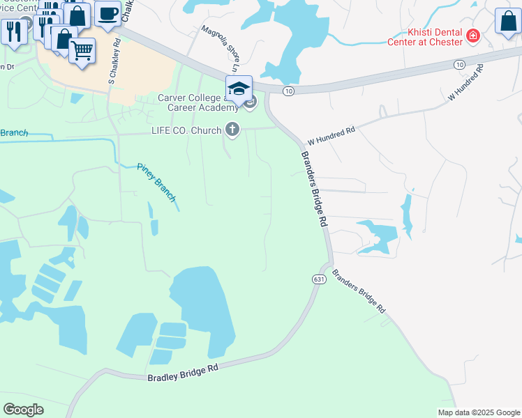 map of restaurants, bars, coffee shops, grocery stores, and more near 5706 Piney Ridge Court in Chester