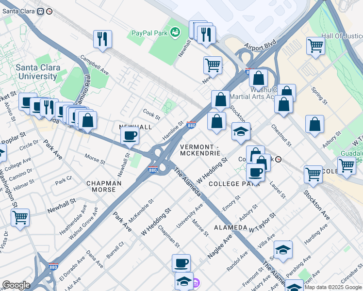 map of restaurants, bars, coffee shops, grocery stores, and more near 1021 Vermont St in San Jose