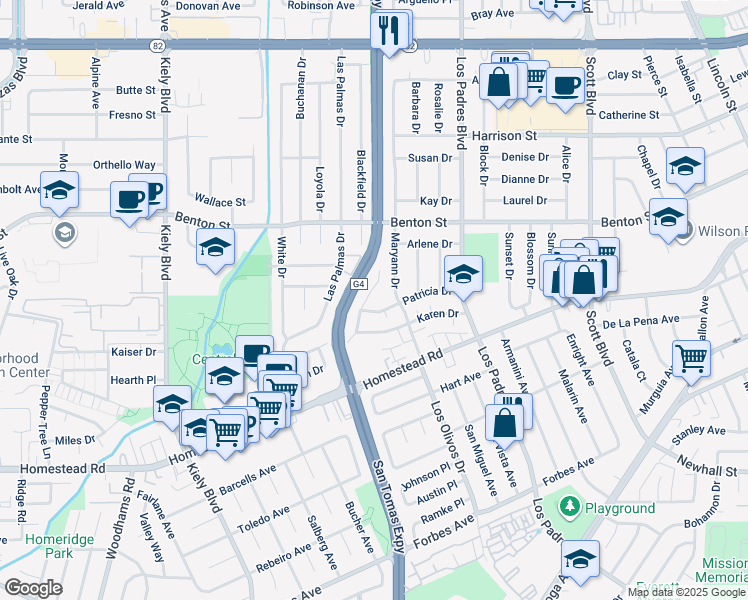 map of restaurants, bars, coffee shops, grocery stores, and more near 2475 Karen Drive in Santa Clara