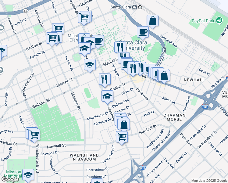 map of restaurants, bars, coffee shops, grocery stores, and more near 885 Poplar Street in Santa Clara