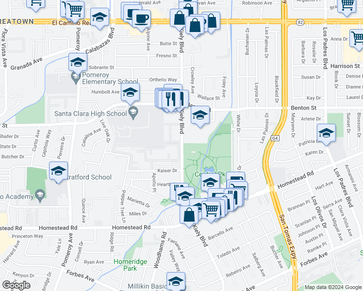 map of restaurants, bars, coffee shops, grocery stores, and more near 985 Kiely Boulevard in Santa Clara