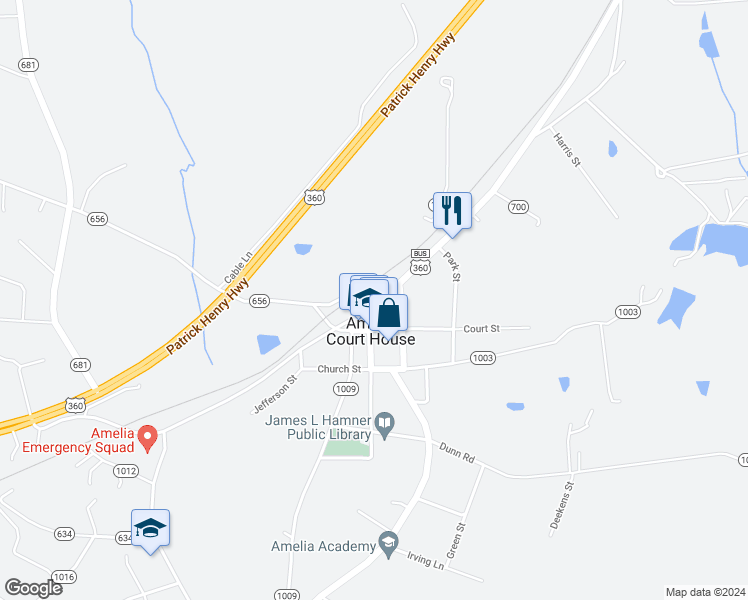 map of restaurants, bars, coffee shops, grocery stores, and more near 16400 Amelia Avenue in Amelia Court House