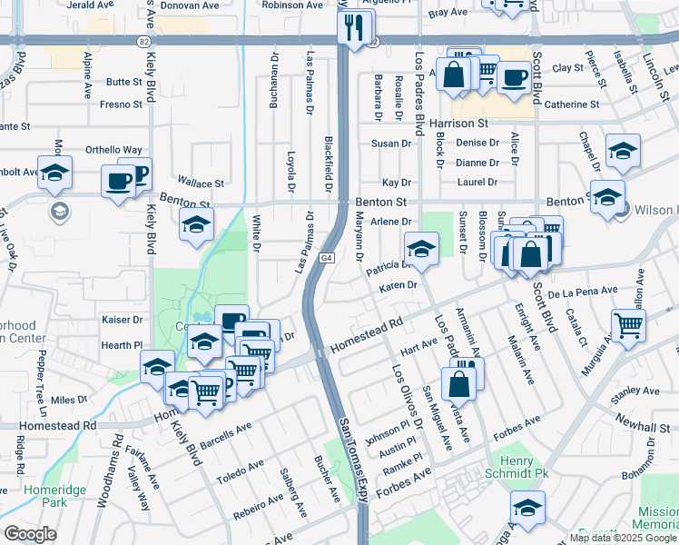 map of restaurants, bars, coffee shops, grocery stores, and more near 2475 Karen Drive in Santa Clara