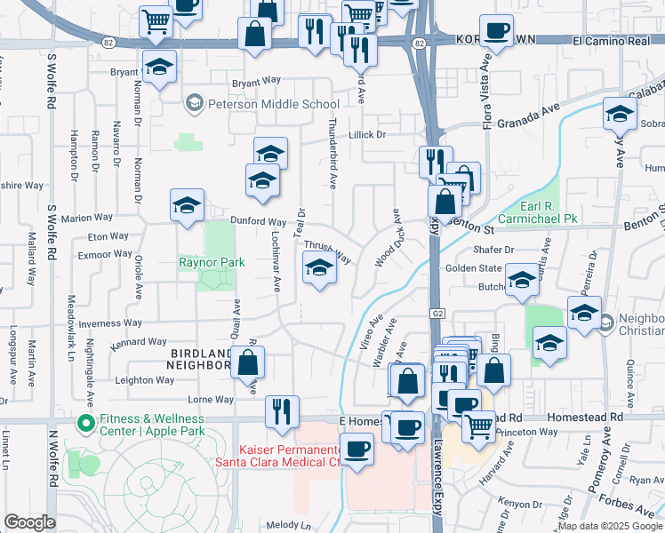 map of restaurants, bars, coffee shops, grocery stores, and more near 3772 Thrush Way in Santa Clara
