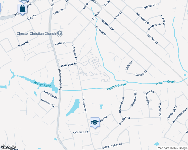 map of restaurants, bars, coffee shops, grocery stores, and more near Creek Way in Chester
