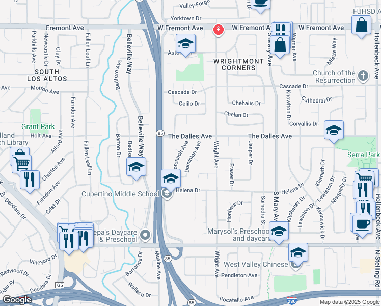 map of restaurants, bars, coffee shops, grocery stores, and more near 1511 Coronach Avenue in Sunnyvale