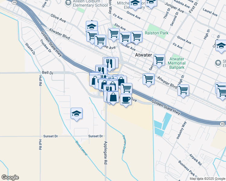 map of restaurants, bars, coffee shops, grocery stores, and more near 1337 Applegate Road in Atwater
