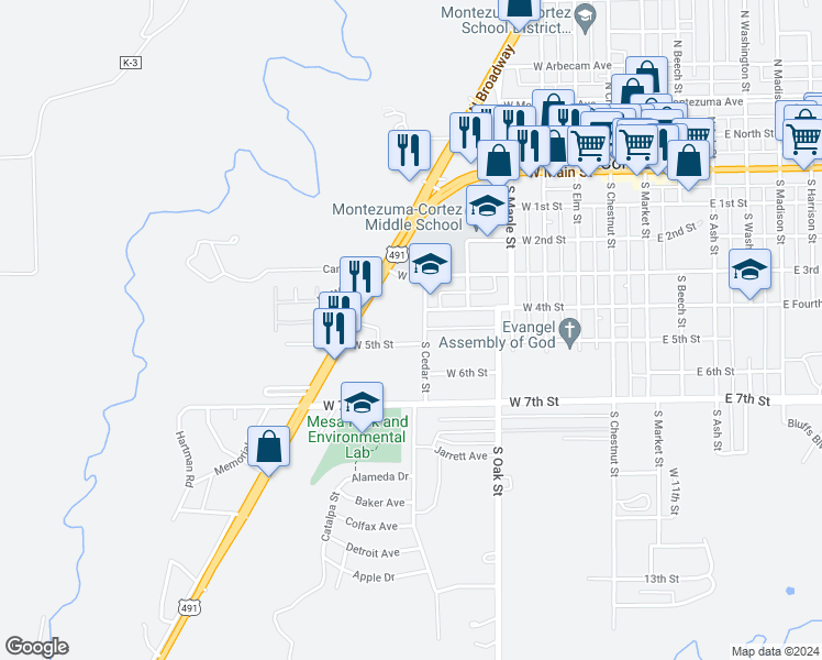 map of restaurants, bars, coffee shops, grocery stores, and more near 417 South Cedar Street in Cortez
