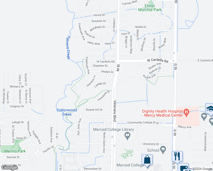 map of restaurants, bars, coffee shops, grocery stores, and more near 4260 Lasalle Drive in Merced