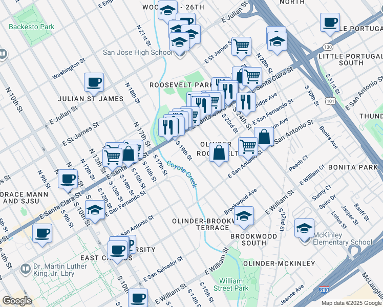 map of restaurants, bars, coffee shops, grocery stores, and more near 49 South 20th Street in San Jose