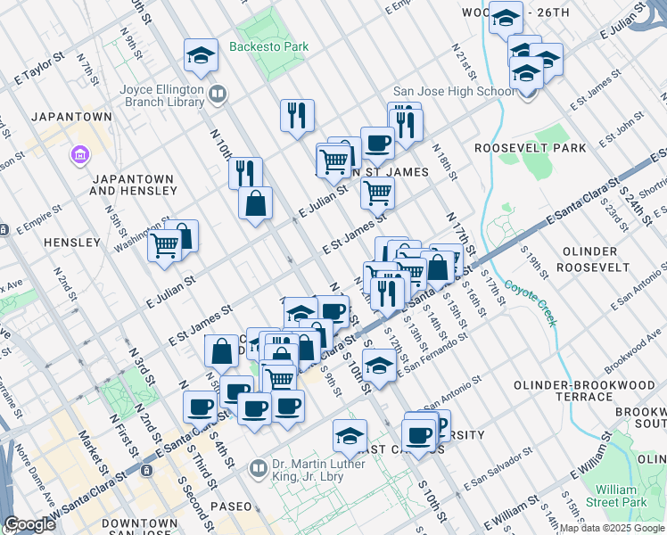 map of restaurants, bars, coffee shops, grocery stores, and more near 175 North 12th Street in San Jose