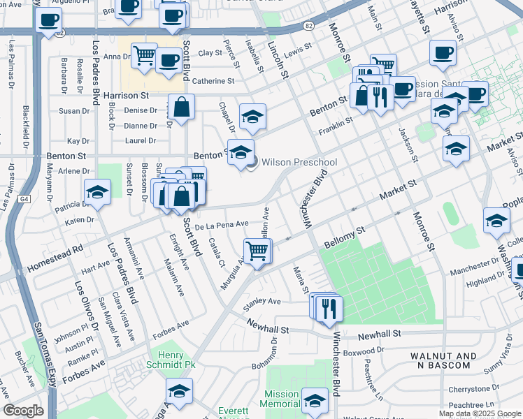 map of restaurants, bars, coffee shops, grocery stores, and more near 783 Fallon Avenue in Santa Clara