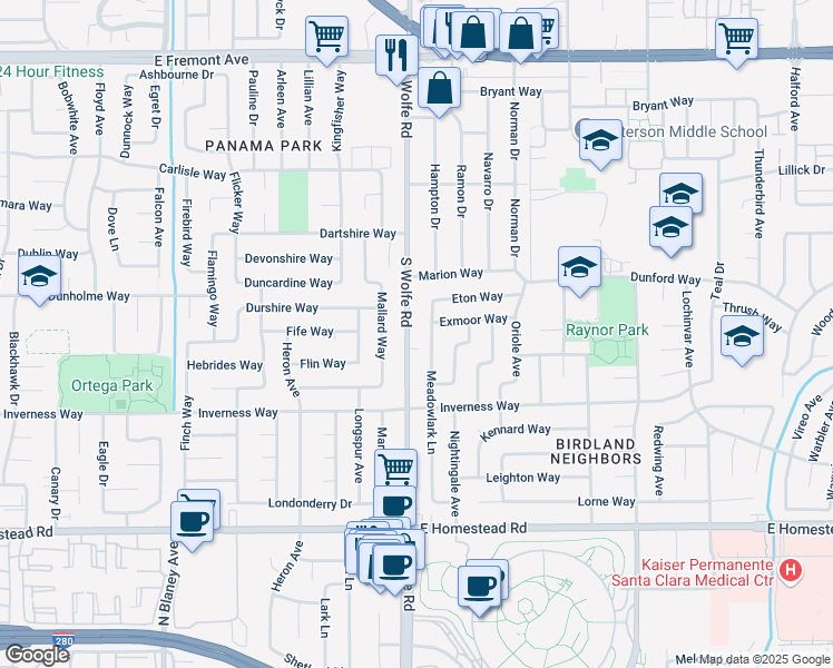map of restaurants, bars, coffee shops, grocery stores, and more near 1535 South Wolfe Road in Sunnyvale