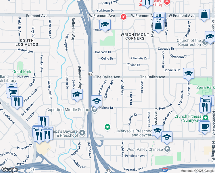 map of restaurants, bars, coffee shops, grocery stores, and more near 1511 Coronach Avenue in Sunnyvale