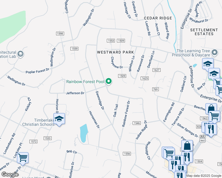 map of restaurants, bars, coffee shops, grocery stores, and more near 1057 Rainbow Forest Drive in Timberlake