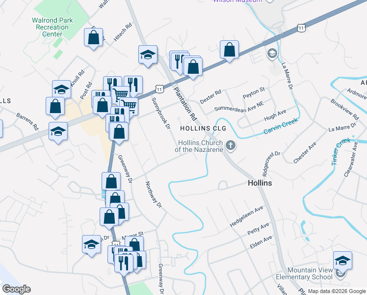 map of restaurants, bars, coffee shops, grocery stores, and more near 7319 Sunnybrook Drive in Hollins