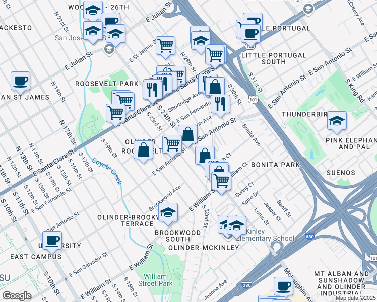 map of restaurants, bars, coffee shops, grocery stores, and more near 1148 East San Antonio Street in San Jose