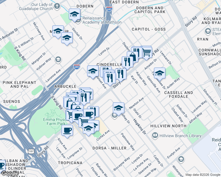 map of restaurants, bars, coffee shops, grocery stores, and more near Story Rd & Hopkins Dr in San Jose