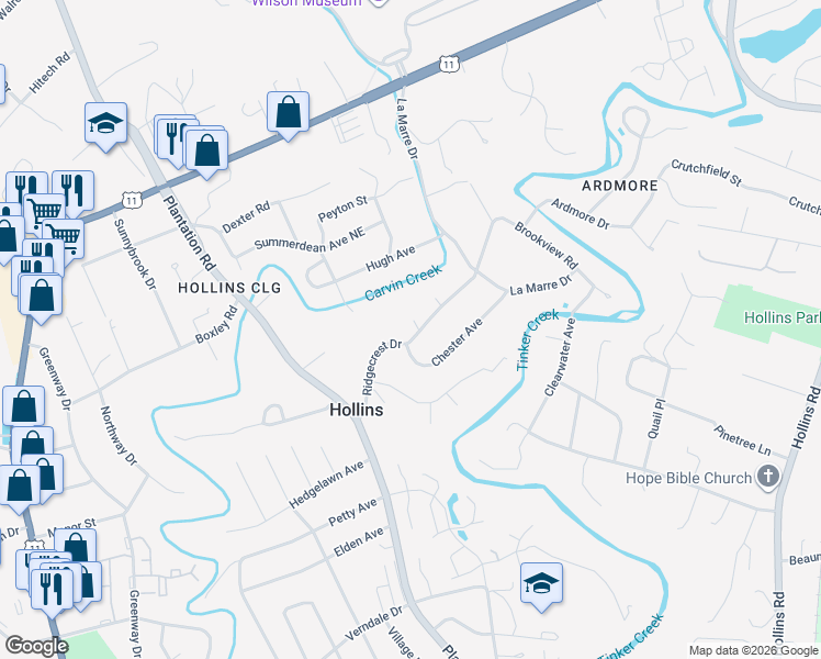 map of restaurants, bars, coffee shops, grocery stores, and more near 718 Ridgecrest Drive in Hollins