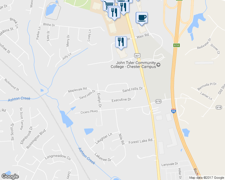 map of restaurants, bars, coffee shops, grocery stores, and more near 2812 Sand Hills Drive in Chester