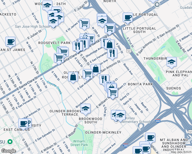 map of restaurants, bars, coffee shops, grocery stores, and more near 1148 East San Antonio Street in San Jose