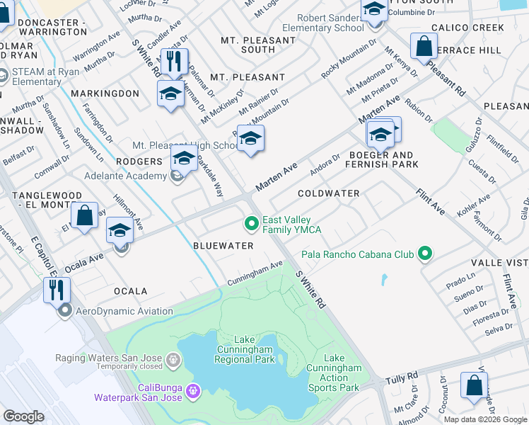 map of restaurants, bars, coffee shops, grocery stores, and more near 1910 South White Road in San Jose