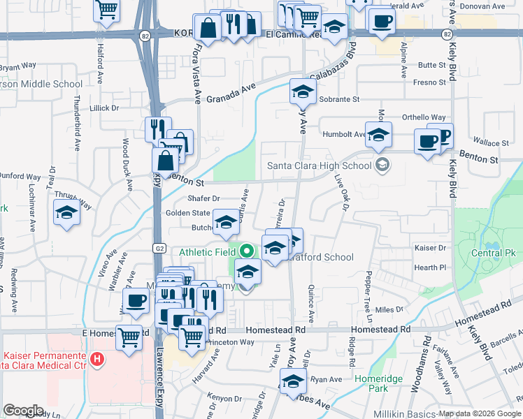 map of restaurants, bars, coffee shops, grocery stores, and more near 985 Capitola Way in Santa Clara