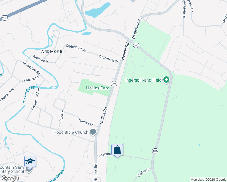 map of restaurants, bars, coffee shops, grocery stores, and more near 5681 Hollins Road in Hollins