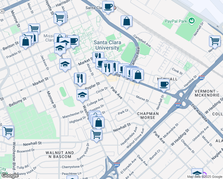 map of restaurants, bars, coffee shops, grocery stores, and more near 2675 Park Avenue in Santa Clara
