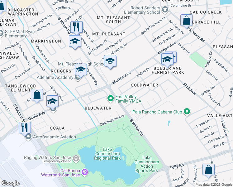 map of restaurants, bars, coffee shops, grocery stores, and more near 1910 South White Road in San Jose