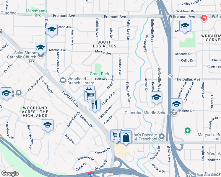 map of restaurants, bars, coffee shops, grocery stores, and more near 1913 Alford Avenue in Los Altos