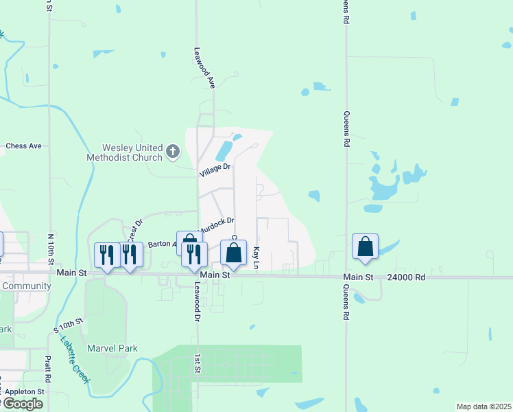 map of restaurants, bars, coffee shops, grocery stores, and more near 211 Kay Lane in Parsons