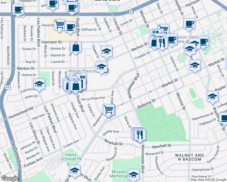 map of restaurants, bars, coffee shops, grocery stores, and more near 783 Fallon Avenue in Santa Clara