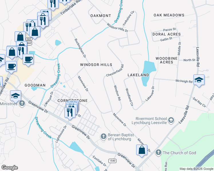 map of restaurants, bars, coffee shops, grocery stores, and more near 210 Chesterfield Rd in Lynchburg